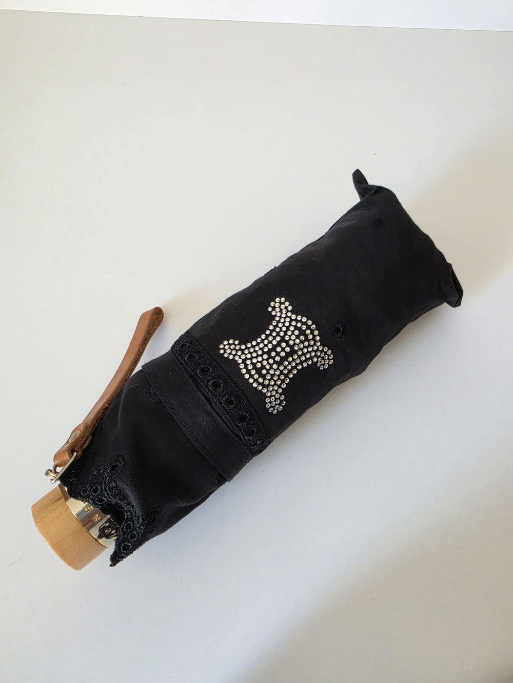 Celine Black Compact Umbrella with Rhinestone Logo and Brown Strap